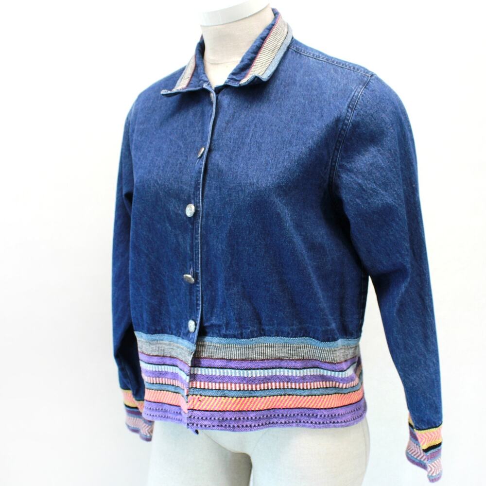 New Identity Blue Denim Jacket Button Floral Embroidered Art Ethnic Style 90s XL